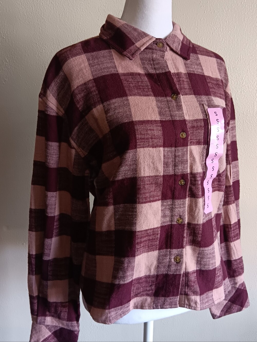 NWT 100% Cotton, Scotch & Soda Plaid Button Up Shirt in Burgundy Blush, Small